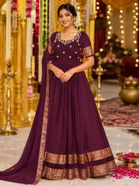 Stunning Chocolate Silk Blend Anarkali Gown Voni Set with Floral Embroidery Weaving Border Anarkali Kurtis 