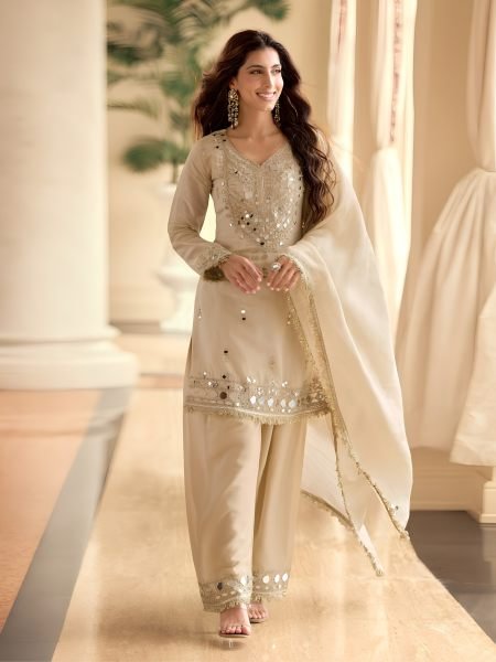 Stunning Cream Simar Silk 3 Piece Set with Heavy Original Mirror Embroidery Work 