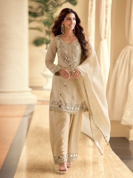 Stunning Cream Simar Silk 3 Piece Set with Heavy Original Mirror Embroidery Work Designer Plazzo Salwar Suits Wholesale