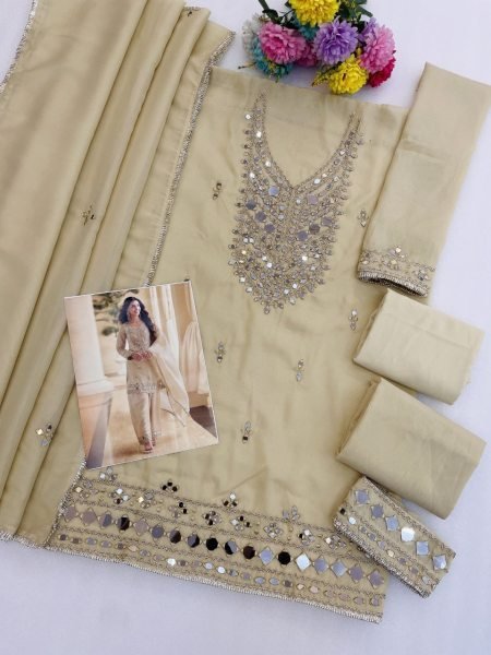 Stunning Cream Simar Silk 3 Piece Set with Heavy Original Mirror Embroidery Work Designer Plazzo Salwar Suits Wholesale