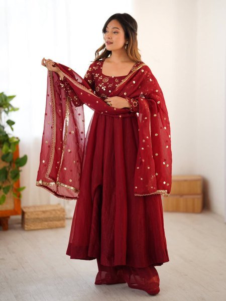 Stunning Crunchy Silk Red  Fully Flared Gown with 4 Meter Flair  Lace Border Dupatta for Festive Wear  3 Piece Kurti Set