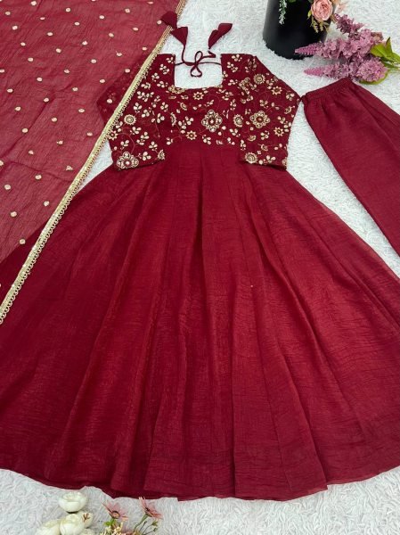 Stunning Crunchy Silk Red  Fully Flared Gown with 4 Meter Flair  Lace Border Dupatta for Festive Wear  3 Piece Kurti Set