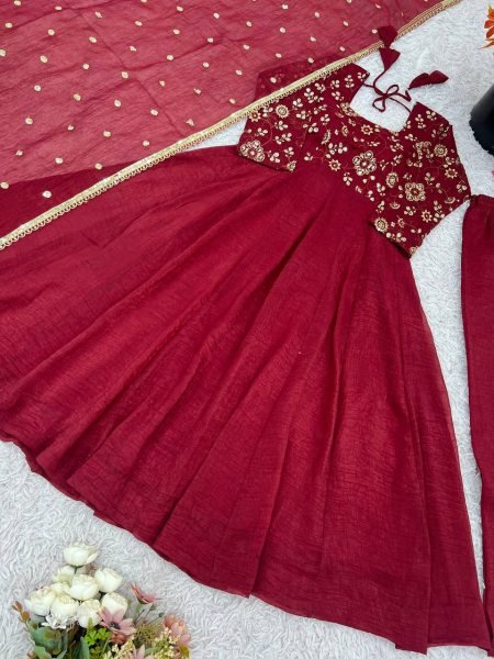 Stunning Crunchy Silk Red  Fully Flared Gown with 4 Meter Flair  Lace Border Dupatta for Festive Wear  3 Piece Kurti Set