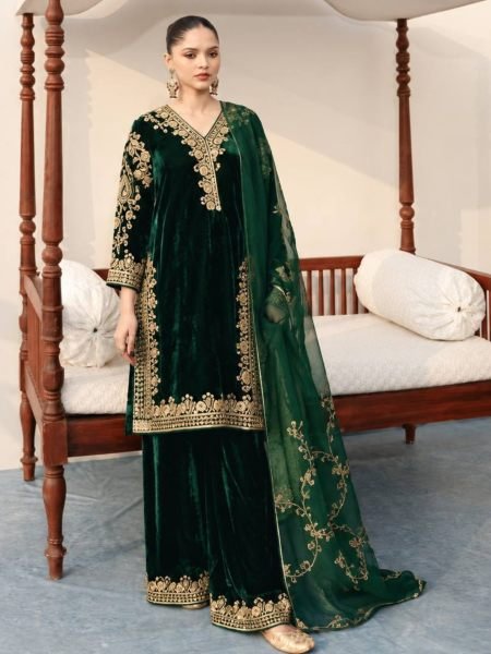 Stunning Dark Green Premium Velvet Kurti Palazzo Set with Georgette Dupatta for Party Ready To Wear Suit