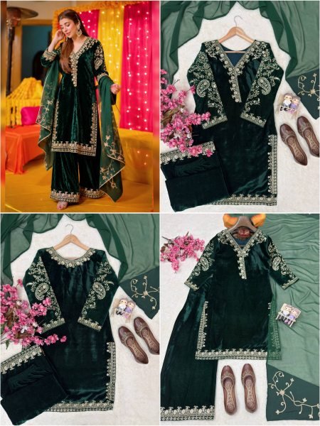 Stunning Dark Green Premium Velvet Kurti Palazzo Set with Georgette Dupatta for Party Ready To Wear Collection
