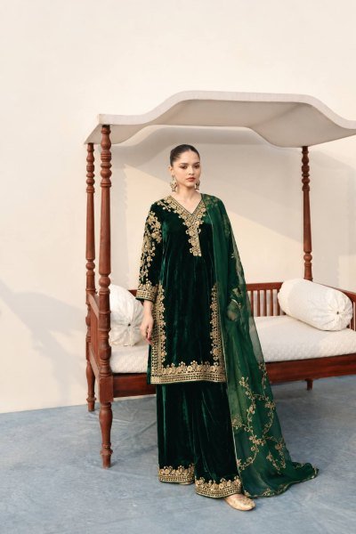 Stunning Dark Green Premium Velvet Kurti Palazzo Set with Georgette Dupatta for Party Ready To Wear Collection