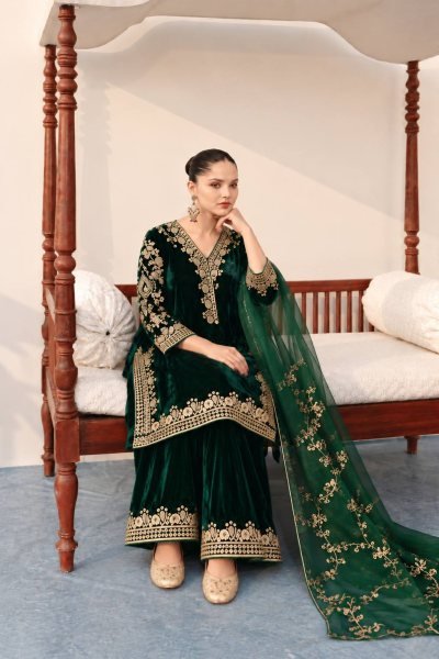 Stunning Dark Green Premium Velvet Kurti Palazzo Set with Georgette Dupatta for Party Ready To Wear Collection