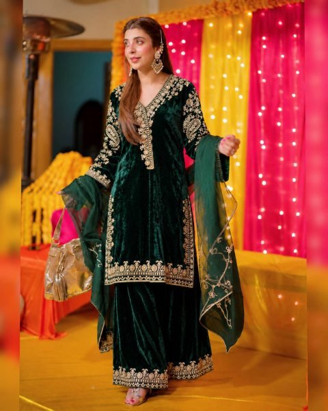 Stunning Dark Green Premium Velvet Kurti Palazzo Set with Georgette Dupatta for Party Ready To Wear Collection