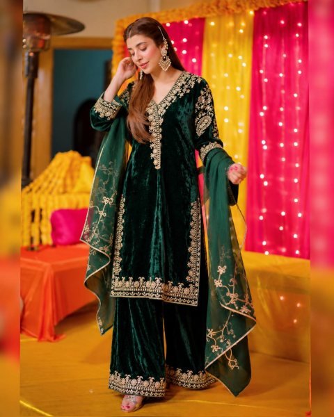 Stunning Dark Green Premium Velvet Kurti Palazzo Set with Georgette Dupatta for Party Ready To Wear Collection