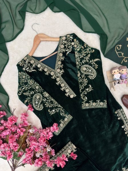 Stunning Dark Green Premium Velvet Kurti Palazzo Set with Georgette Dupatta for Party Ready To Wear Collection