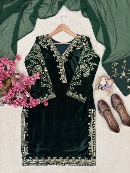 Stunning Dark Green Premium Velvet Kurti Palazzo Set with Georgette Dupatta for Party Ready To Wear Collection