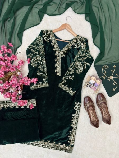 Stunning Dark Green Premium Velvet Kurti Palazzo Set with Georgette Dupatta for Party Ready To Wear Collection