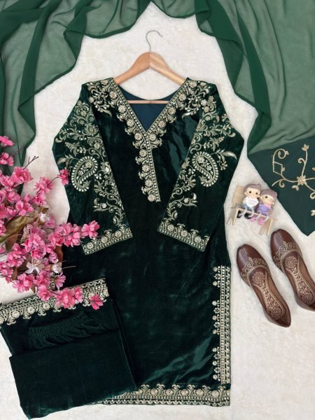 Stunning Dark Green Premium Velvet Kurti Palazzo Set with Georgette Dupatta for Party Ready To Wear Collection
