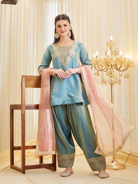Stunning Dusty Teal Fendy Silk Kurta With Sequence Work For Wedding Wear Ready To Wear Suit