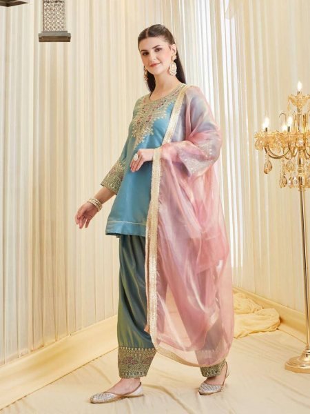 Stunning Dusty Teal Fendy Silk Kurta With Sequence Work For Wedding Wear Ready To Wear Collection