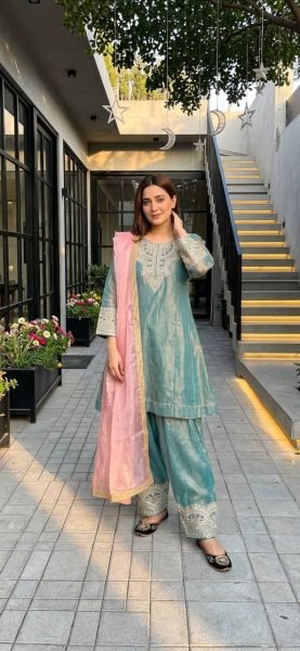 Stunning Dusty Teal Fendy Silk Kurta With Sequence Work For Wedding Wear Ready To Wear Collection