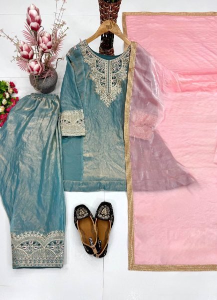 Stunning Dusty Teal Fendy Silk Kurta With Sequence Work For Wedding Wear Ready To Wear Collection