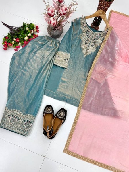 Stunning Dusty Teal Fendy Silk Kurta With Sequence Work For Wedding Wear Ready To Wear Collection