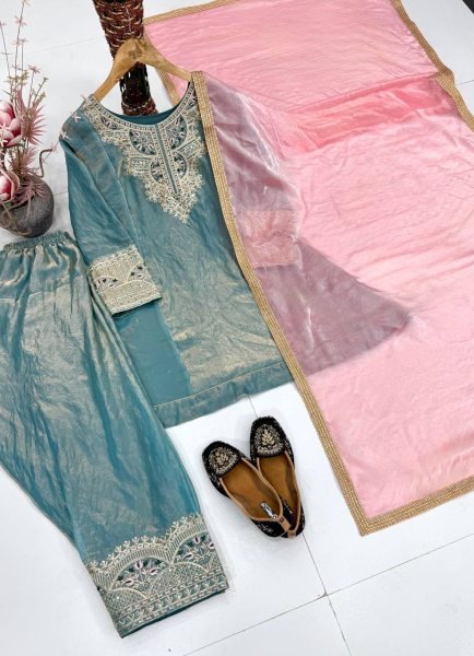 Stunning Dusty Teal Fendy Silk Kurta With Sequence Work For Wedding Wear Ready To Wear Collection