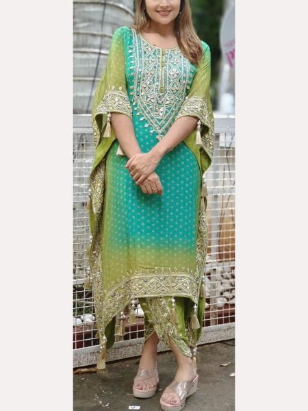 Stunning Embroidery Work Pure Chinon Silk Kaftan With Dhoti Set Kaftan 