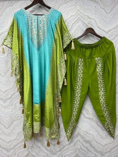Stunning Embroidery Work Pure Chinon Silk Kaftan With Dhoti Set Kaftan 
