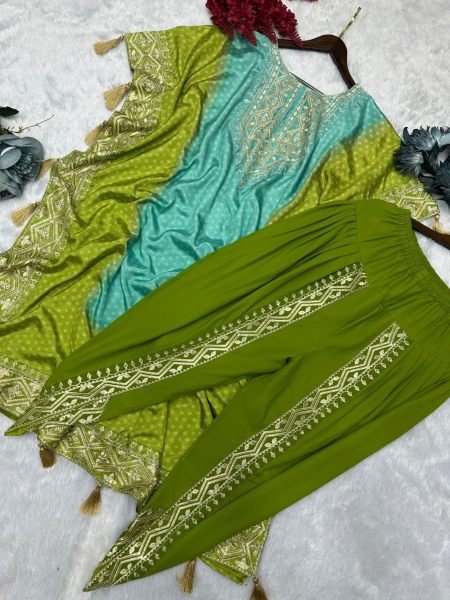 Stunning Embroidery Work Pure Chinon Silk Kaftan With Dhoti Set Kaftan 