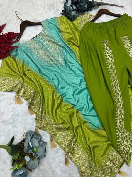 Stunning Embroidery Work Pure Chinon Silk Kaftan With Dhoti Set Kaftan 