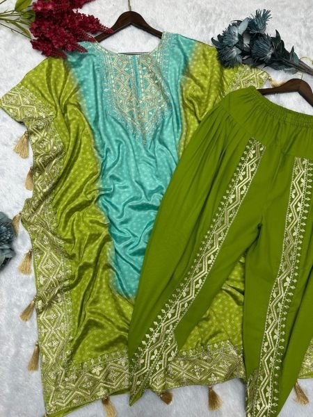 Stunning Embroidery Work Pure Chinon Silk Kaftan With Dhoti Set Kaftan 