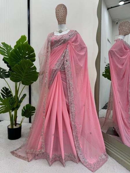 Stunning Faux Georgette Party Wear Saree with Thread  Sequin and Pearl Work for Woman Georgette Sarees Wholesale