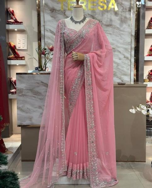 Stunning Faux Georgette Party Wear Saree with Thread  Sequin and Pearl Work for Woman Georgette Sarees Wholesale