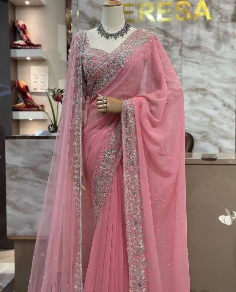 Stunning Faux Georgette Party Wear Saree with Thread  Sequin and Pearl Work for Woman Georgette Sarees Wholesale