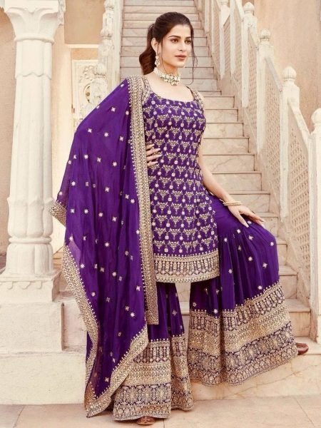 Stunning Faux Georgette Sequence Work Embroidered Sharara Suit for Wedding Wear 