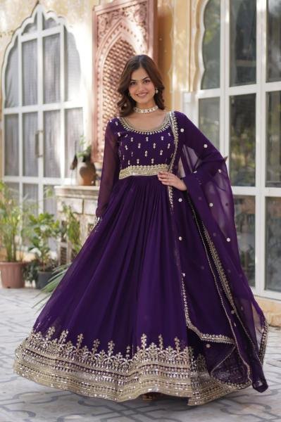 Stunning Full Sleeves Round Neck Gown with Lace Border Dupatta Ready To Wear Collection