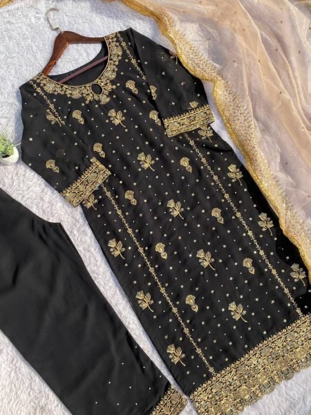 Stunning Fully Stitched Faux Georgette Suit Set with Sequins Embroidery, Handmade Moti Detailing, and Elegant Net Dupatta Ready To Wear Collection