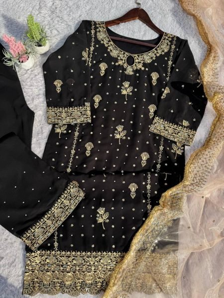 Stunning Fully Stitched Faux Georgette Suit Set with Sequins Embroidery, Handmade Moti Detailing, and Elegant Net Dupatta Ready To Wear Collection