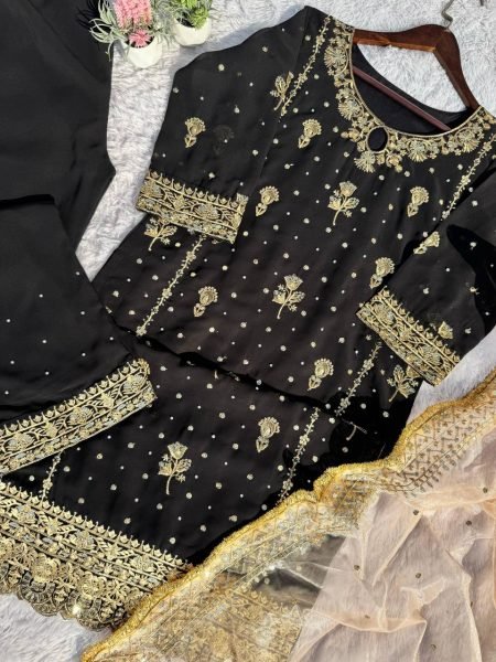Stunning Fully Stitched Faux Georgette Suit Set with Sequins Embroidery, Handmade Moti Detailing, and Elegant Net Dupatta Ready To Wear Collection