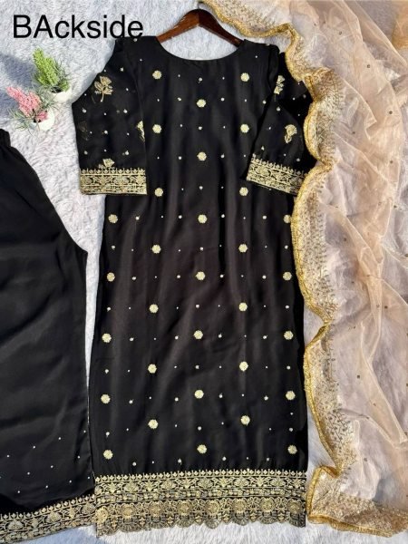 Stunning Fully Stitched Faux Georgette Suit Set with Sequins Embroidery, Handmade Moti Detailing, and Elegant Net Dupatta Ready To Wear Collection
