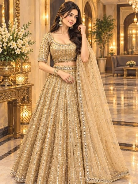 Stunning Golden Satin Silk Lehenga Choli with Heavy Cancan and Sequins at Wholesale Rate 