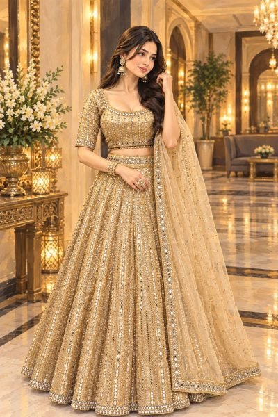 Stunning Golden Satin Silk Lehenga Choli with Heavy Cancan and Sequins at Wholesale Rate Designer Lehenga Choli