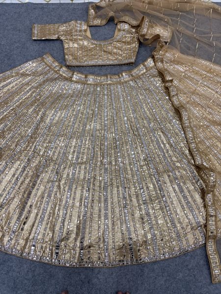 Stunning Golden Satin Silk Lehenga Choli with Heavy Cancan and Sequins at Wholesale Rate Designer Lehenga Choli