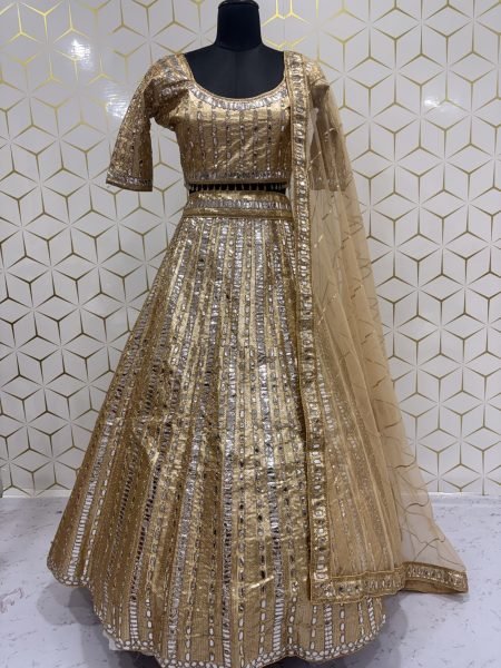 Stunning Golden Satin Silk Lehenga Choli with Heavy Cancan and Sequins at Wholesale Rate Designer Lehenga Choli