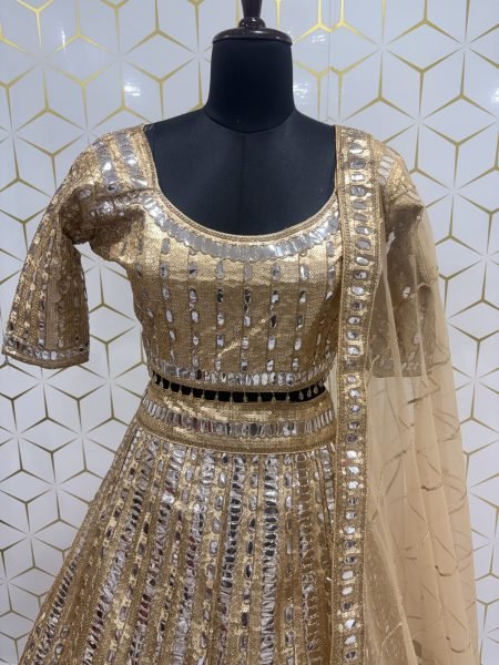 Stunning Golden Satin Silk Lehenga Choli with Heavy Cancan and Sequins at Wholesale Rate Designer Lehenga Choli