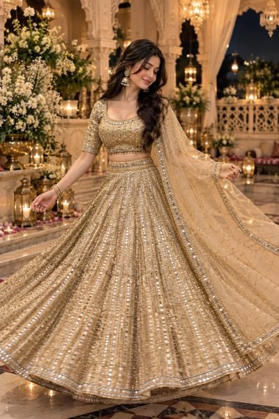 Stunning Golden Satin Silk Lehenga Choli with Heavy Cancan and Sequins at Wholesale Rate Designer Lehenga Choli