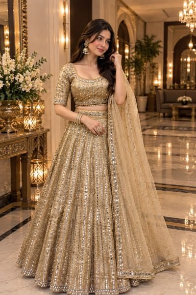 Stunning Golden Satin Silk Lehenga Choli with Heavy Cancan and Sequins at Wholesale Rate Designer Lehenga Choli