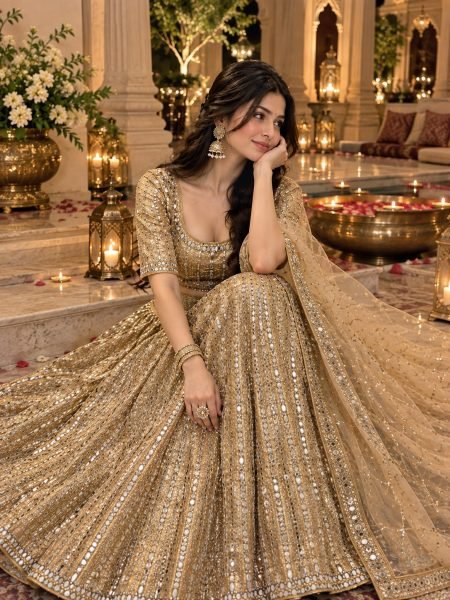 Stunning Golden Satin Silk Lehenga Choli with Heavy Cancan and Sequins at Wholesale Rate Designer Lehenga Choli