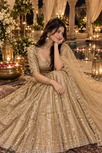 Stunning Golden Satin Silk Lehenga Choli with Heavy Cancan and Sequins at Wholesale Rate Designer Lehenga Choli