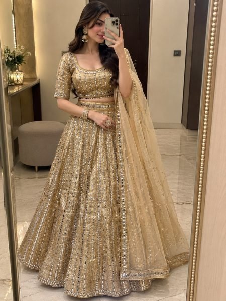Stunning Golden Satin Silk Lehenga Choli with Heavy Cancan and Sequins at Wholesale Rate Designer Lehenga Choli