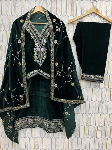 Stunning Green Fully Stitched Velvet Suit Set With Sequence Embroidery for Festice Wear