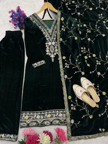Stunning Green Fully Stitched Velvet Suit Set With Sequence Embroidery for Festice Wear Ready To Wear Collection