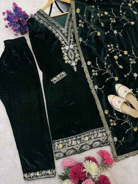 Stunning Green Fully Stitched Velvet Suit Set With Sequence Embroidery for Festice Wear Ready To Wear Collection